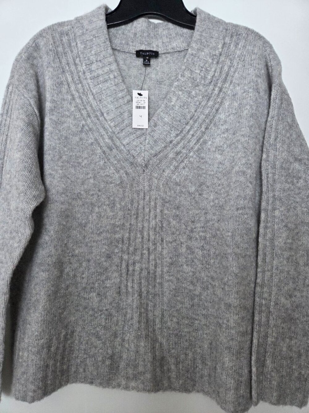 Talbots M Light Heather Gray Ribbed V-Neck Wool Blend Sweater Boxy Relaxed Cozy